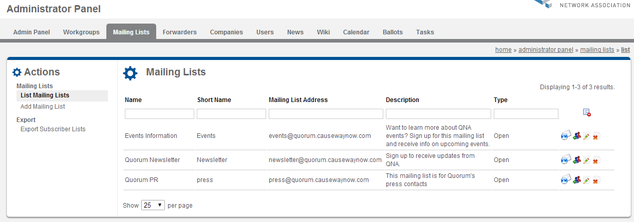 Screenshot of the Workgroups List page
