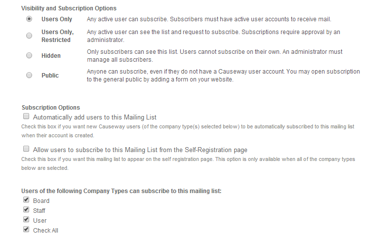 Screenshot of Mailing List creation form