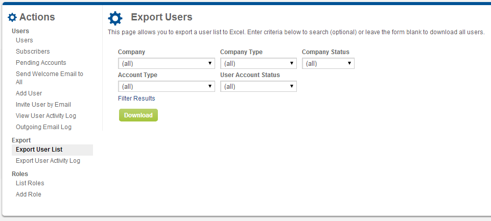 Screenshot of Export Users page