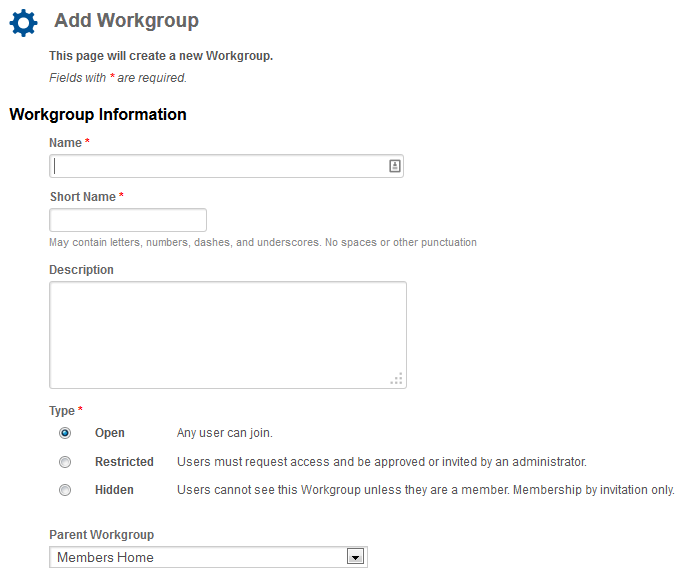 Screenshot of Add Workgroup page